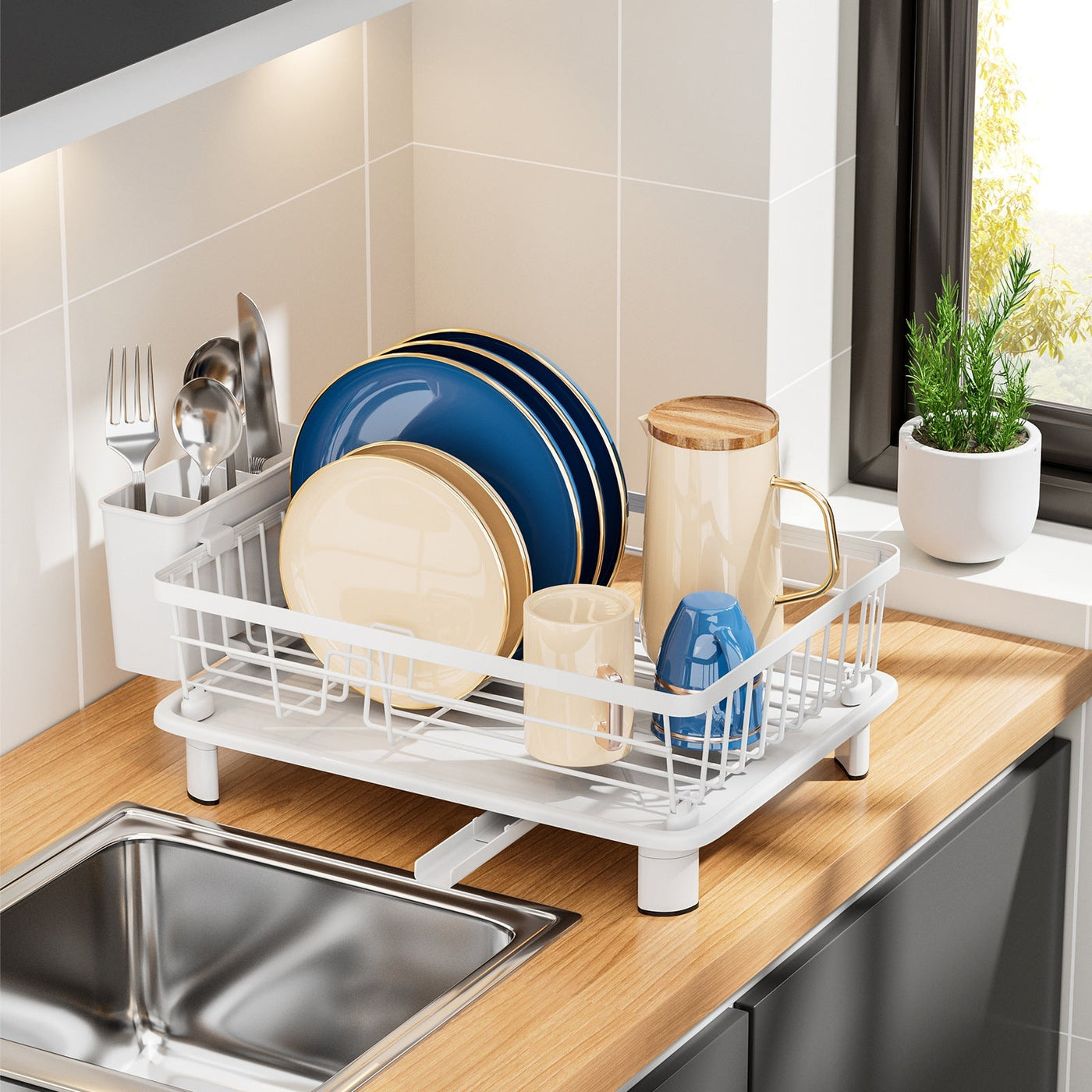 Dish Drying Rack with Drainage and Cutlery Holder