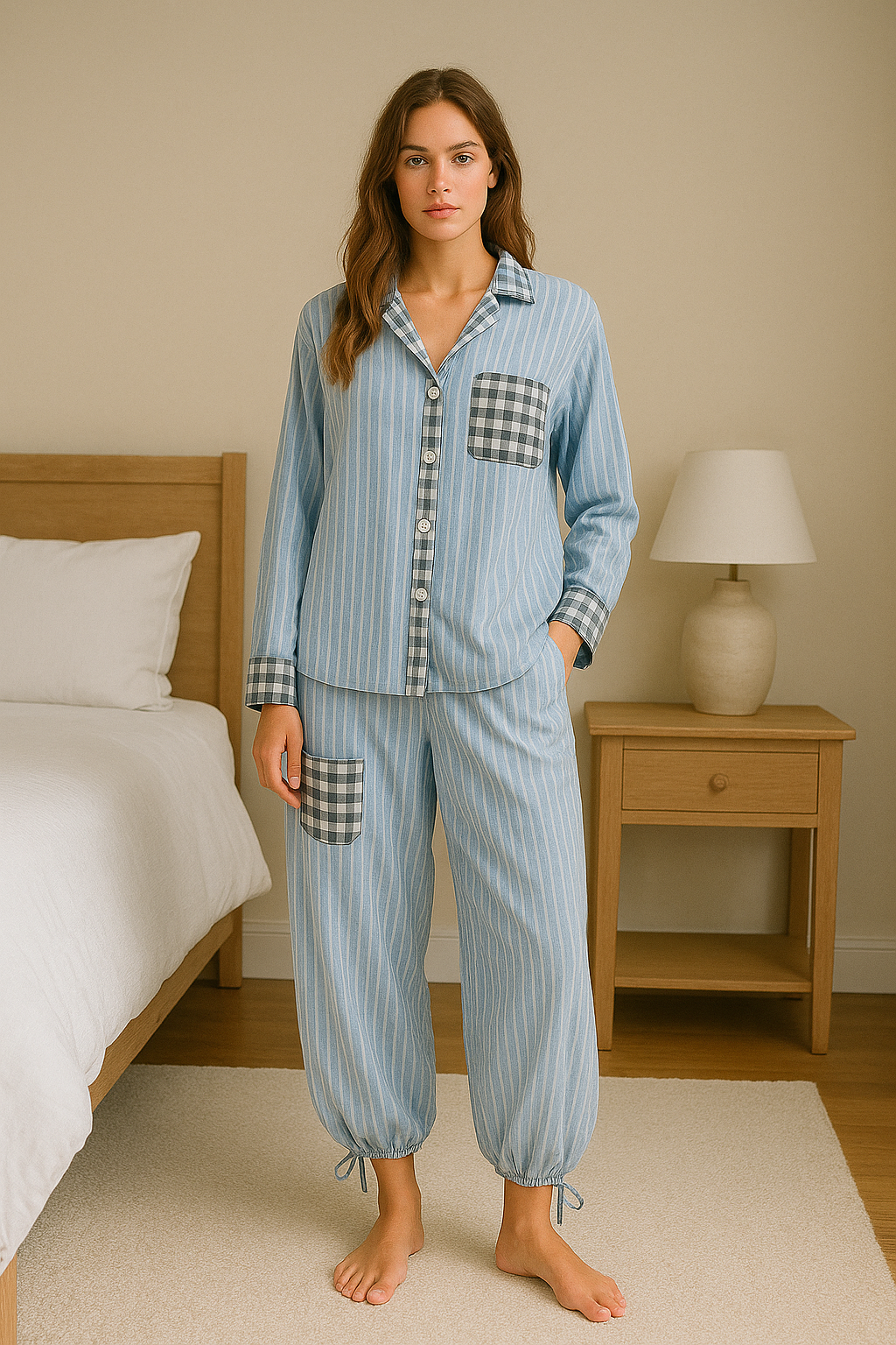 Women’s Two-Piece Pajama Set with Drawstring Trousers