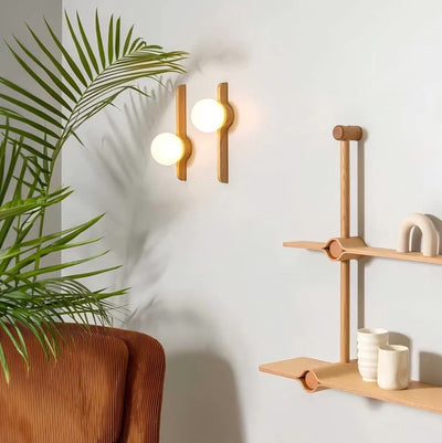 Thai Wood Wall Lamp with Frosted Glass Globe LED Light