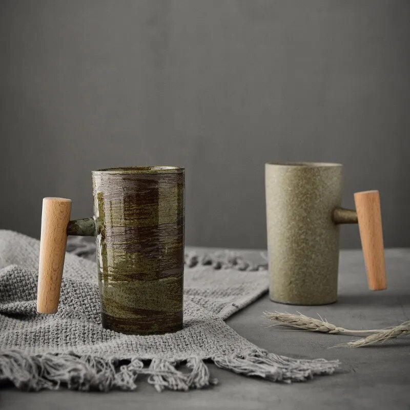Nordic Ceramic Latte Mug with Wood Handle