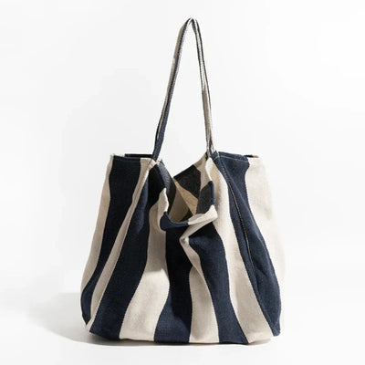 Striped Canvas Tote Bag with Long Handles