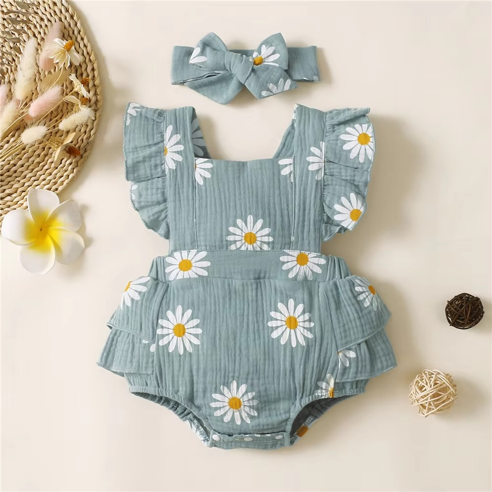 Baby Girl Ruffle Sleeveless Romper & Headband Summer Set