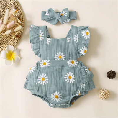 Baby Girl Ruffle Sleeveless Romper & Headband Summer Set