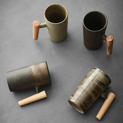 Nordic Ceramic Latte Mug with Wood Handle