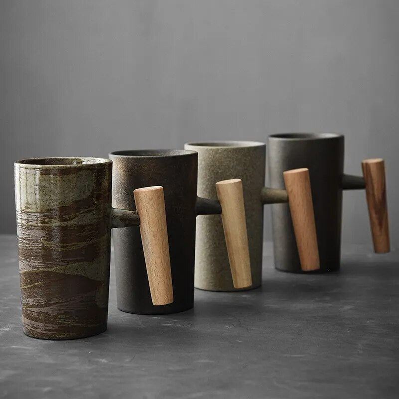 Nordic Ceramic Latte Mug with Wood Handle