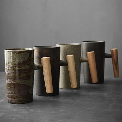 Nordic Ceramic Latte Mug with Wood Handle