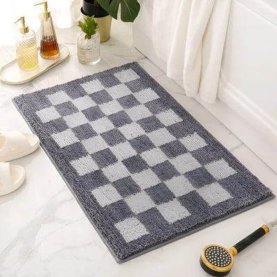 Plush Checkered Microfiber Bath Mat Black and White