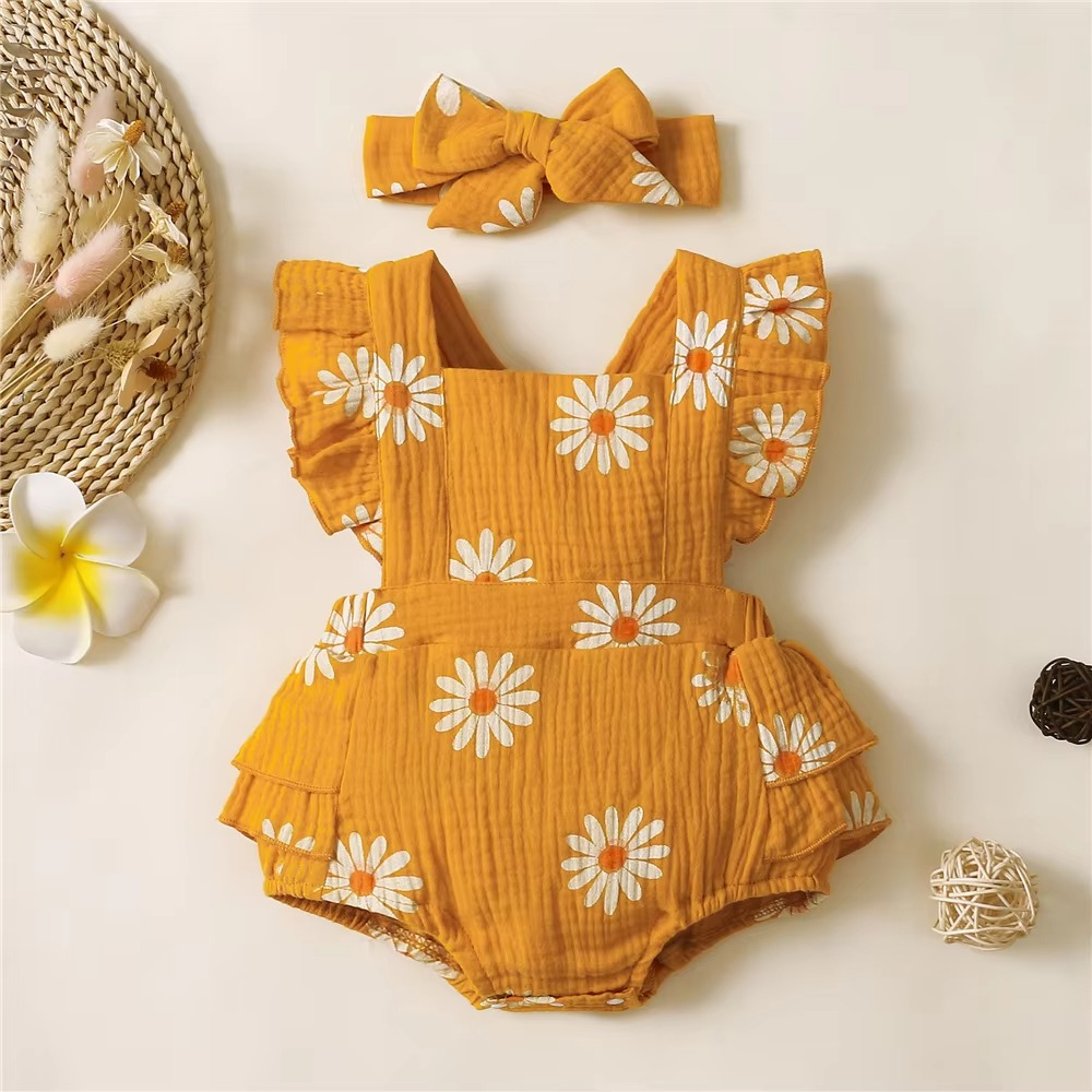 Baby Girl Ruffle Sleeveless Romper & Headband Summer Set