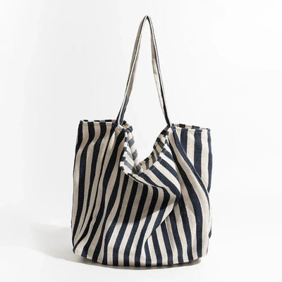 Striped Canvas Tote Bag with Long Handles