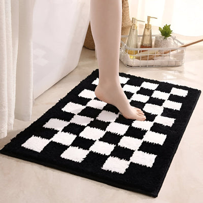 Plush Checkered Microfiber Bath Mat Black and White