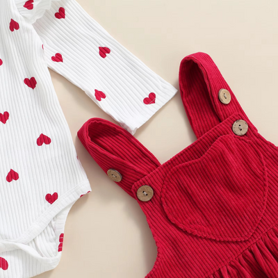 Baby Girl Heart Print Romper and Suspender Skirt Set