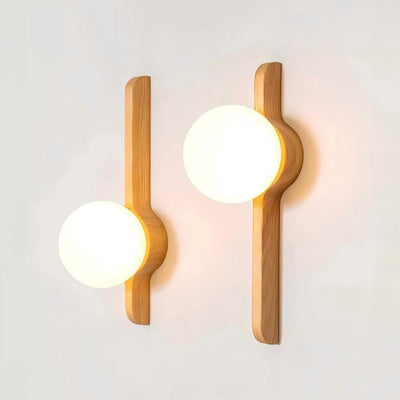 Thai Wood Wall Lamp with Frosted Glass Globe LED Light