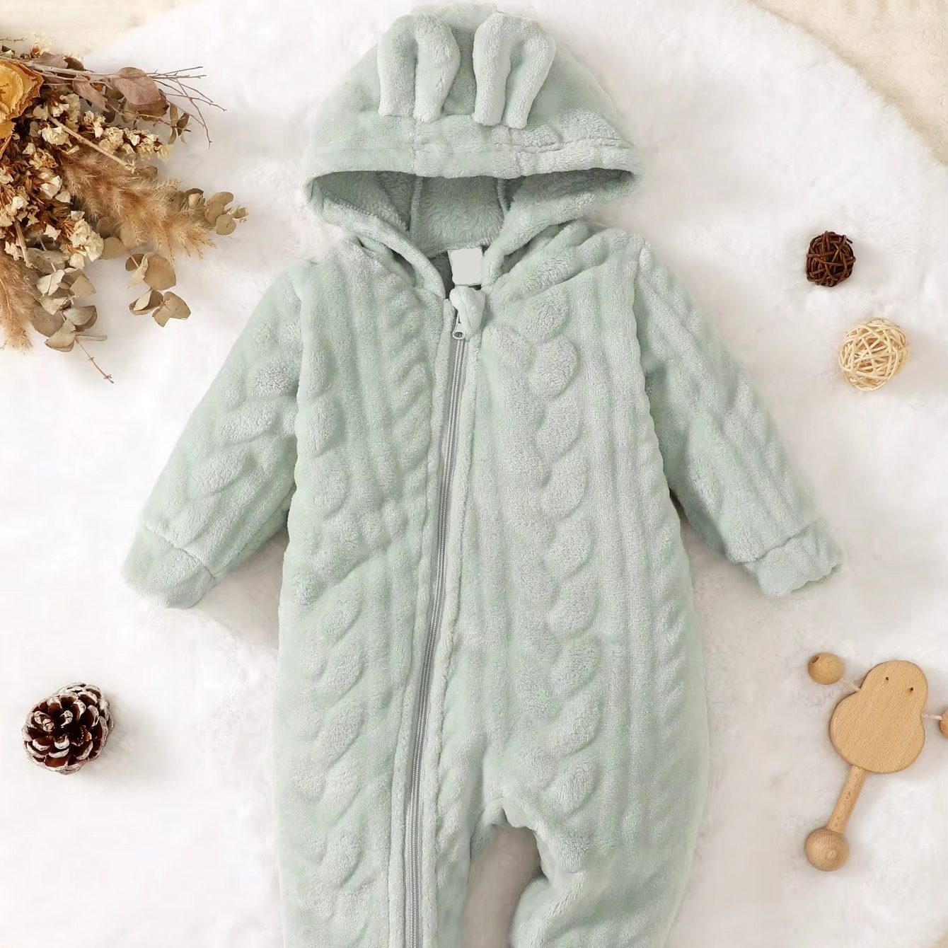 Baby Boys’ Cozy Plush Hooded Jumpsuit with Zipper Closure