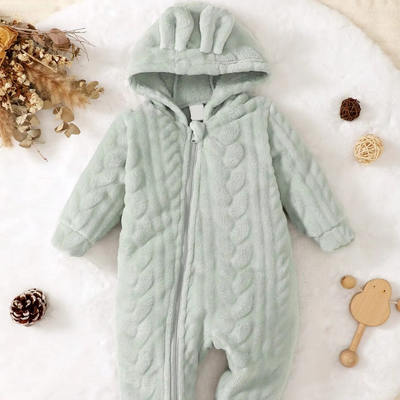 Baby Boys’ Cozy Plush Hooded Jumpsuit with Zipper Closure