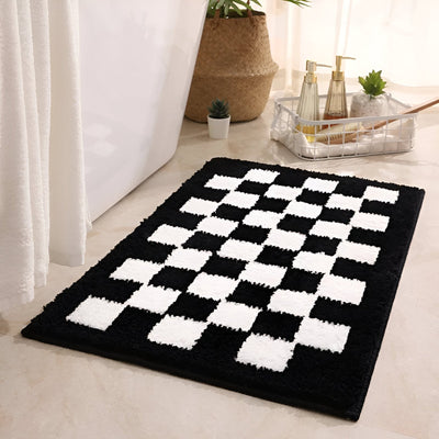 Plush Checkered Microfiber Bath Mat Black and White