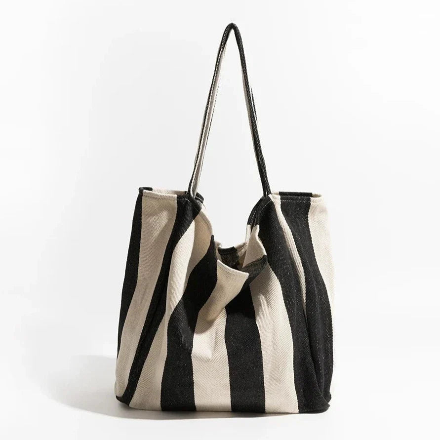 Striped Canvas Tote Bag with Long Handles