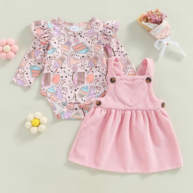 Baby Girl Ice Cream Romper and Corduroy Dress Set