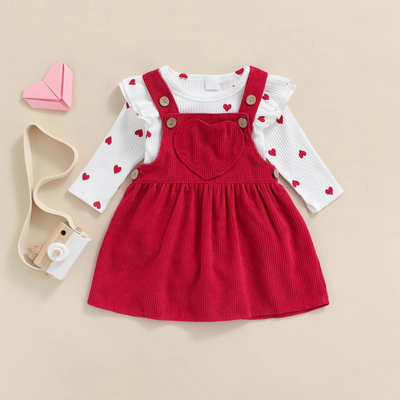 Baby Girl Heart Print Romper and Suspender Skirt Set