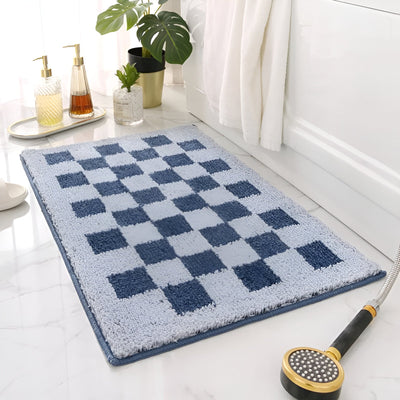 Plush Checkered Microfiber Bath Mat Black and White