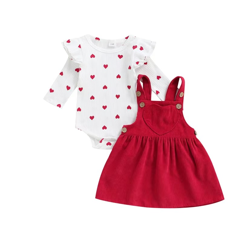 Baby Girl Heart Print Romper and Suspender Skirt Set