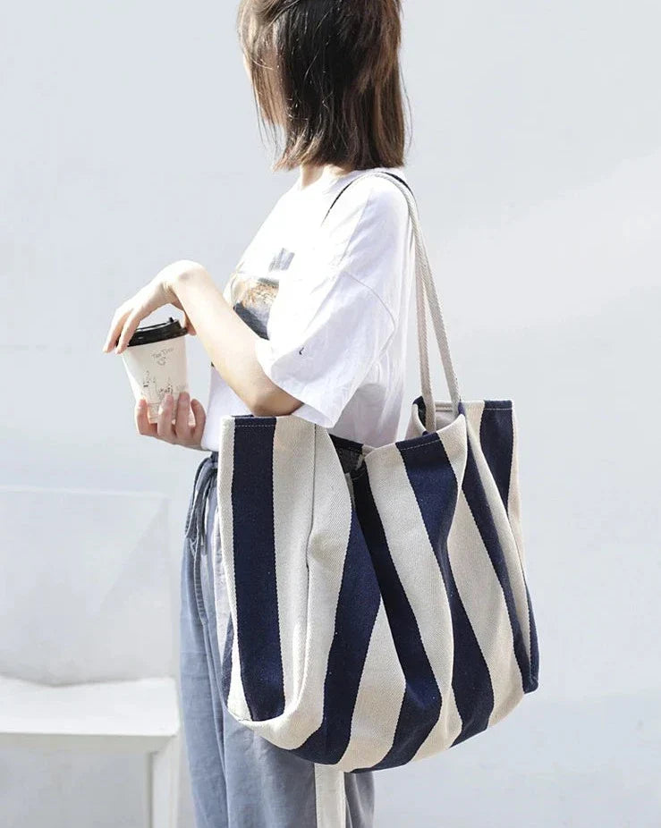 Striped Canvas Tote Bag with Long Handles
