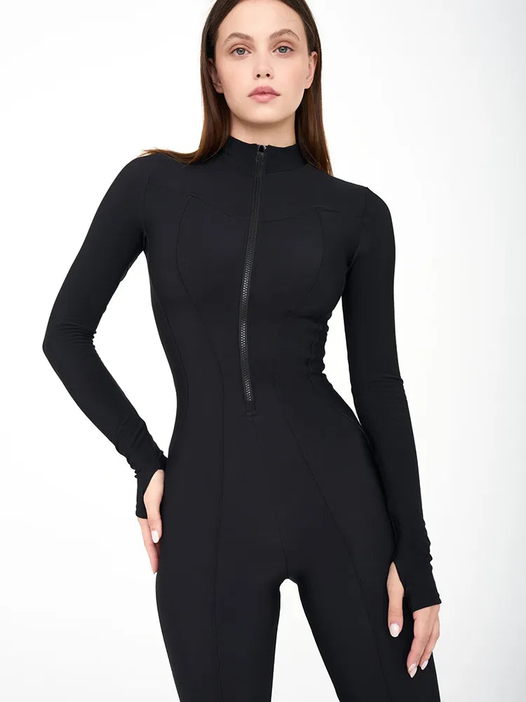 Women’s Long Sleeve Casual Jumpsuit – Zipper O-Neck Sporty