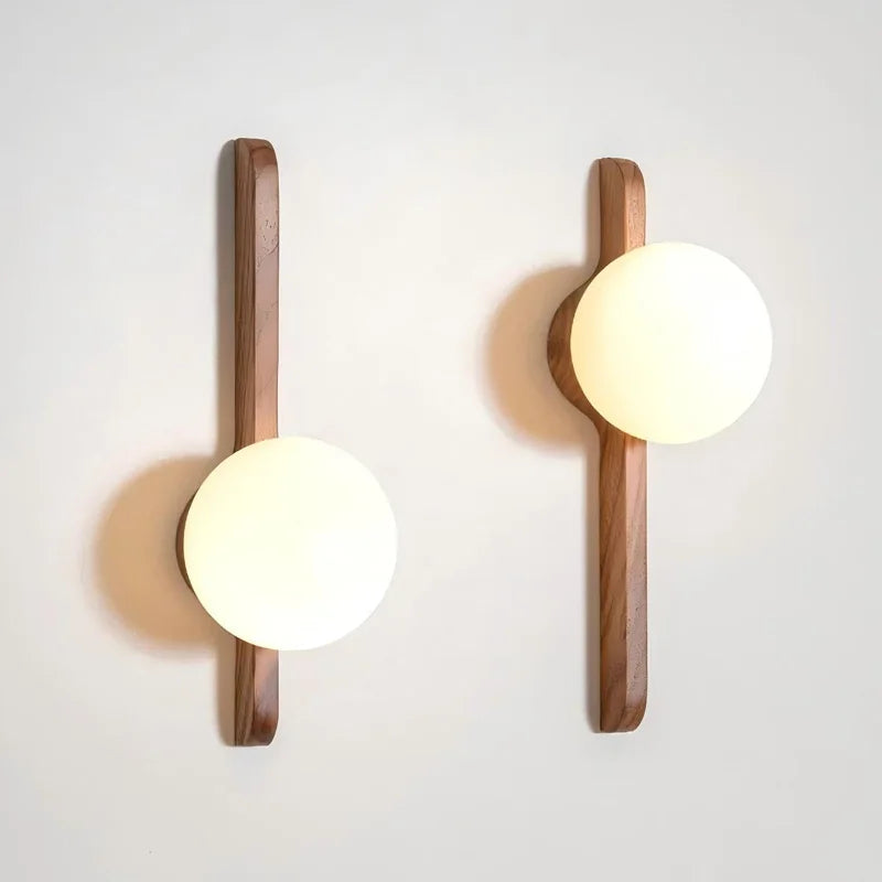Thai Wood Wall Lamp with Frosted Glass Globe LED Light