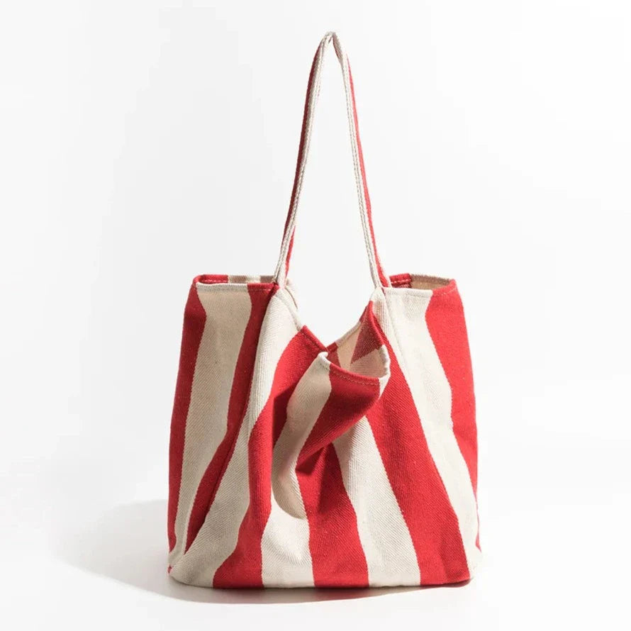Striped Canvas Tote Bag with Long Handles