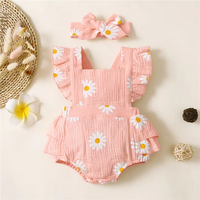 Baby Girl Ruffle Sleeveless Romper & Headband Summer Set