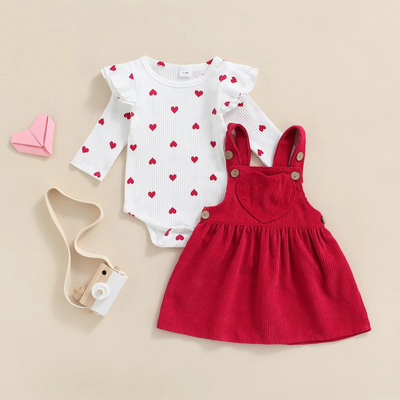 Baby Girl Heart Print Romper and Suspender Skirt Set