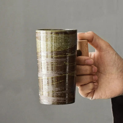Nordic Ceramic Latte Mug with Wood Handle