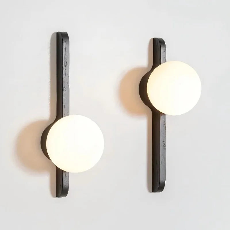 Thai Wood Wall Lamp with Frosted Glass Globe LED Light