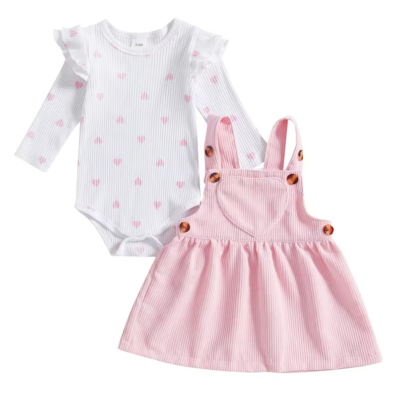 Baby Girl Heart Print Romper and Suspender Skirt Set