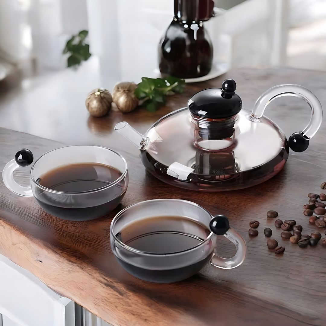 Glass Teapot Set with Built-In Filter and Cups