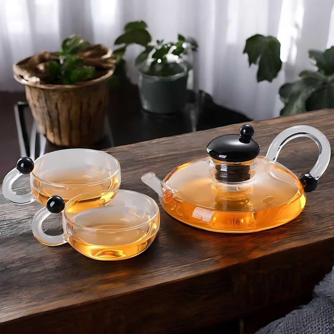 Glass Teapot Set with Built-In Filter and Cups