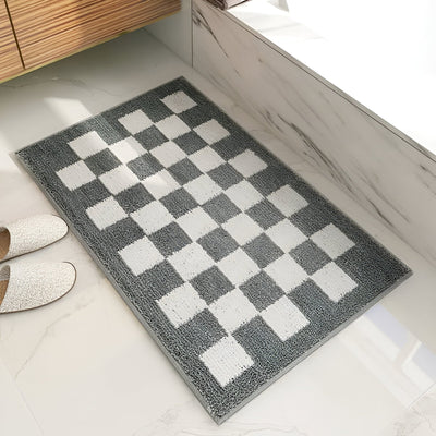 Plush Checkered Microfiber Bath Mat Black and White