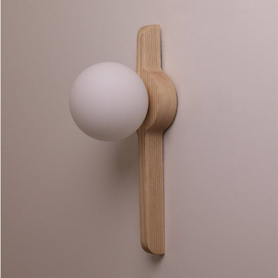 Thai Wood Wall Lamp with Frosted Glass Globe LED Light
