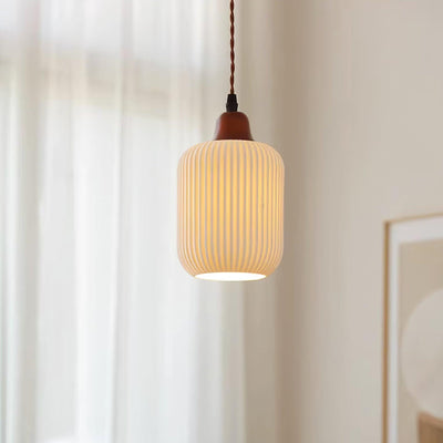 Rustic Ceramic Pendant Light with Oak Accent