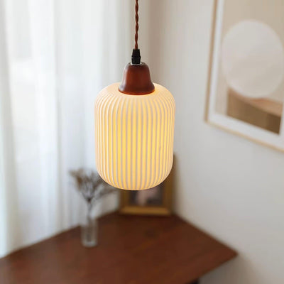 Rustic Ceramic Pendant Light with Oak Accent