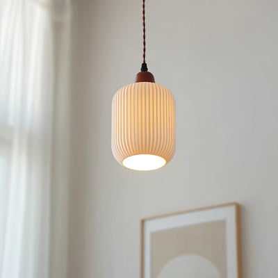 Rustic Ceramic Pendant Light with Oak Accent