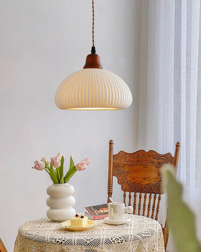 Rustic Ceramic Pendant Light with Oak Accent