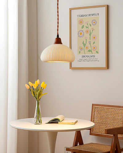 Rustic Ceramic Pendant Light with Oak Accent