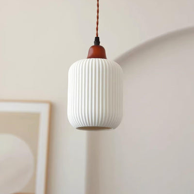 Rustic Ceramic Pendant Light with Oak Accent