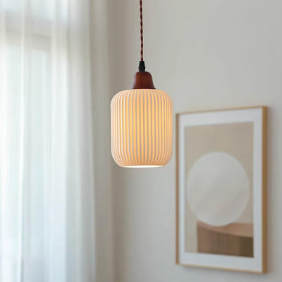 Rustic Ceramic Pendant Light with Oak Accent