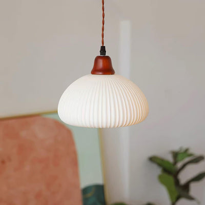 Rustic Ceramic Pendant Light with Oak Accent
