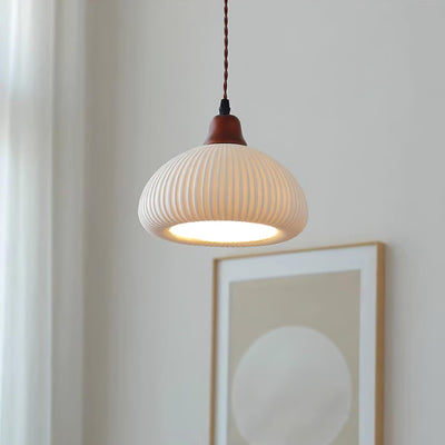 Rustic Ceramic Pendant Light with Oak Accent