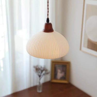 Rustic Ceramic Pendant Light with Oak Accent