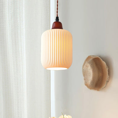 Rustic Ceramic Pendant Light with Oak Accent
