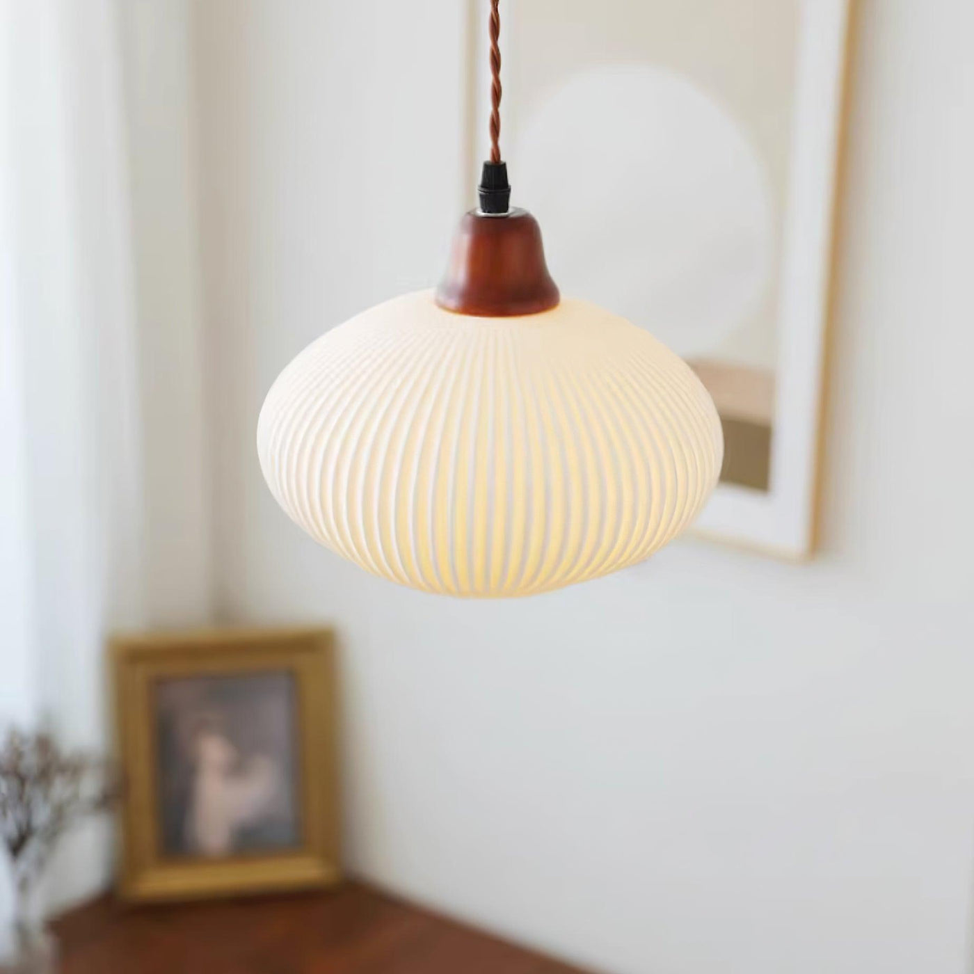 Rustic Ceramic Pendant Light with Oak Accent