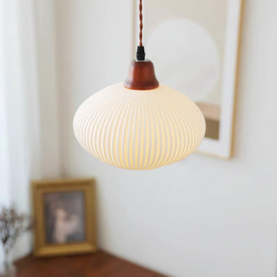 Rustic Ceramic Pendant Light with Oak Accent